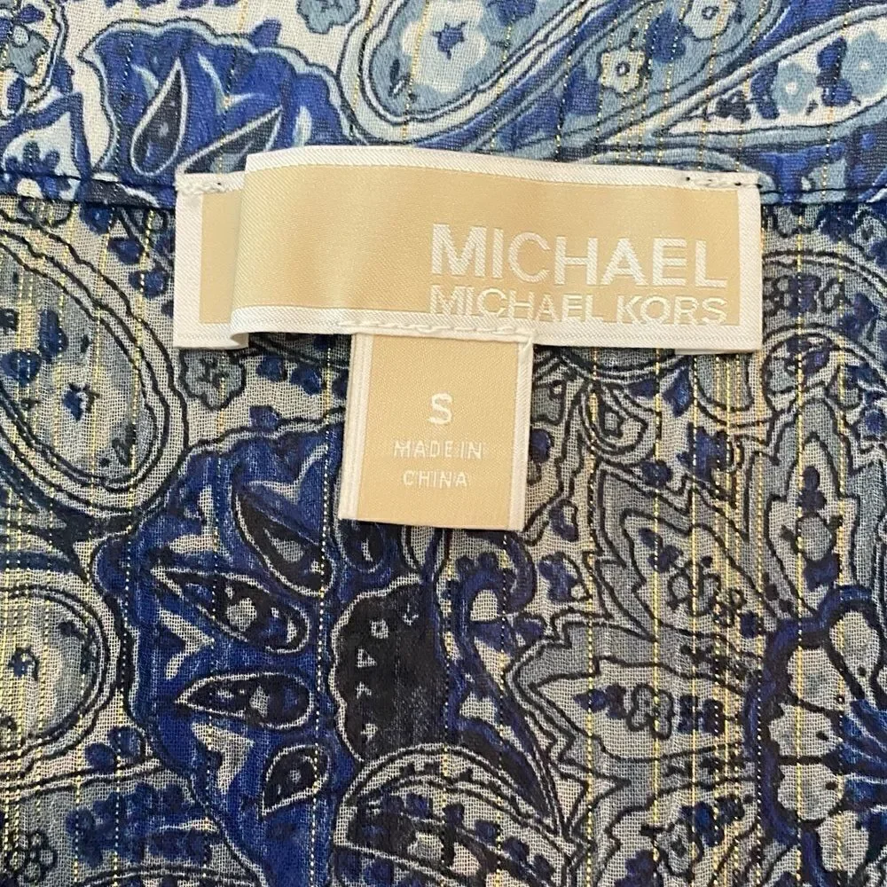 Michael Kors S Blue Gold Threaded Sheer BOHO Smocked Flared Sleeve Relaxed Top